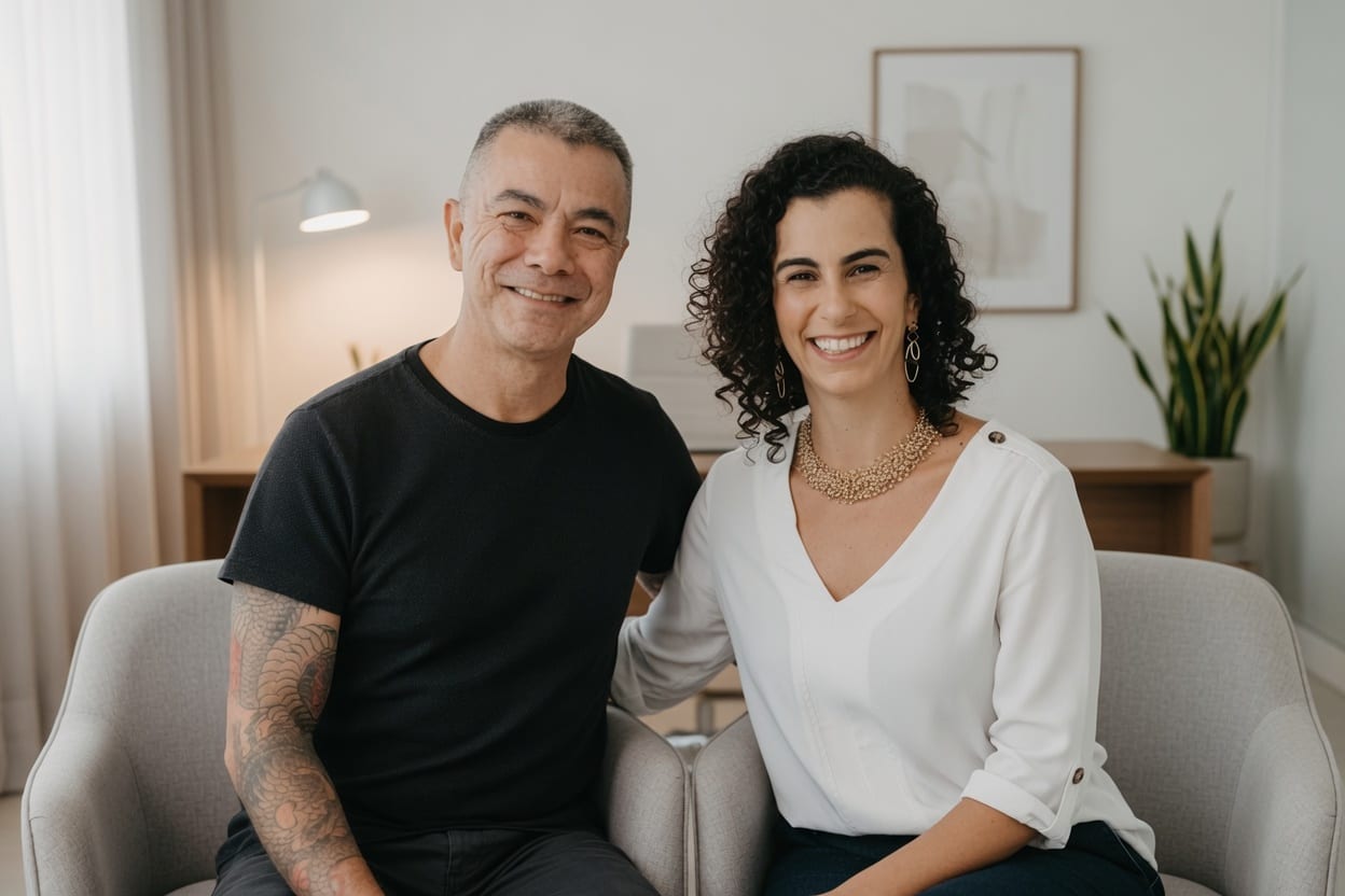 Alex Possato e Lu Cerqueira juntos, sorrindo